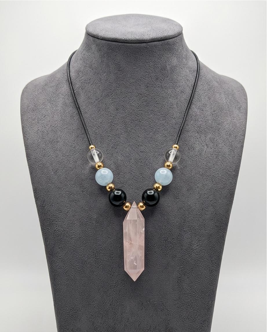 Rose Quartz Point Necklace, Obsidian Aquamarine and Clear Quartz Jewelry, Healing Crystal Pendant, Boho Gemstone Choker, Spiritual Gift
