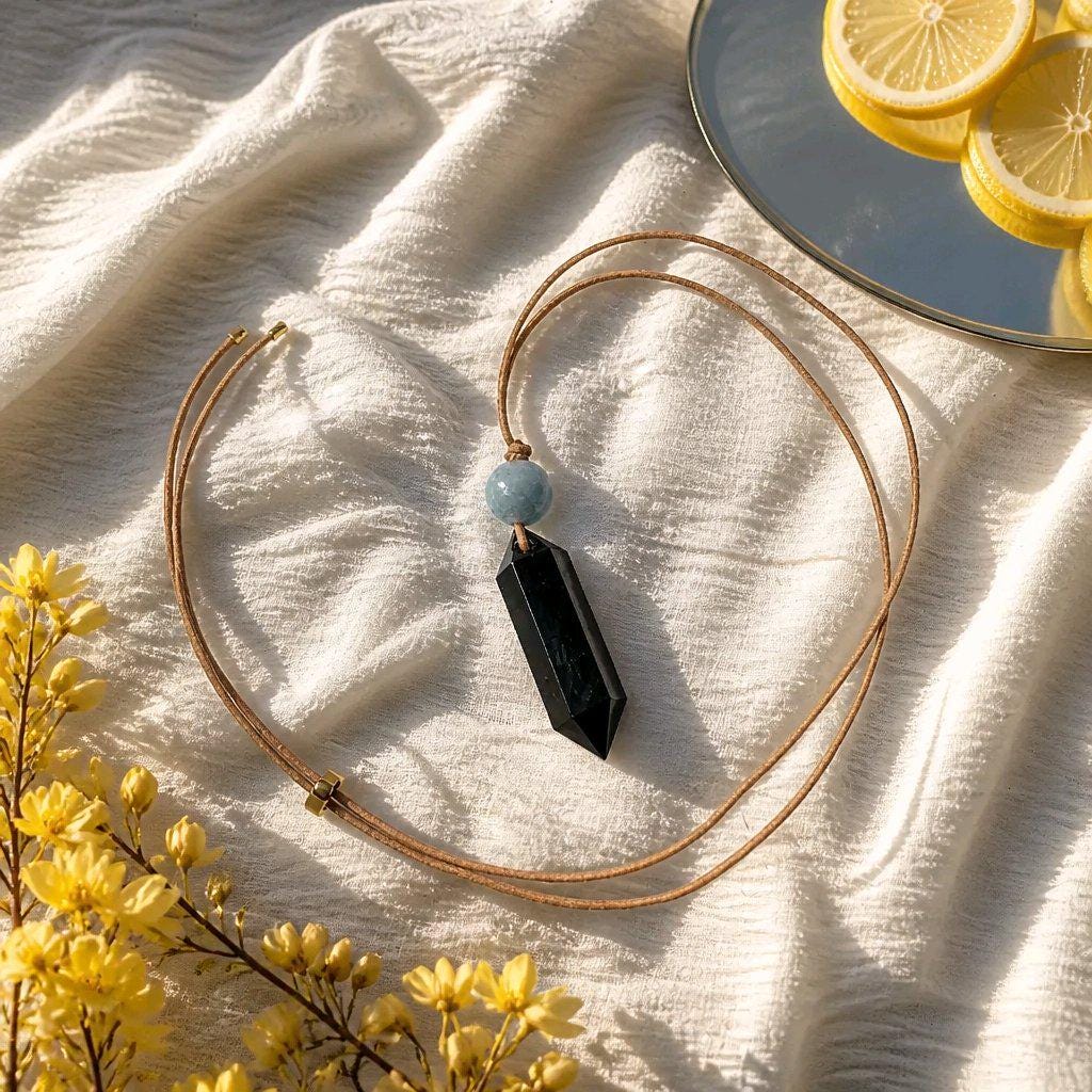 Black Obsidian Point Necklace, Aquamarine Bead Pendant, Adjustable Leather Cord, Crystal Healing Jewelry, Natural Chunky Stone Boho Choker