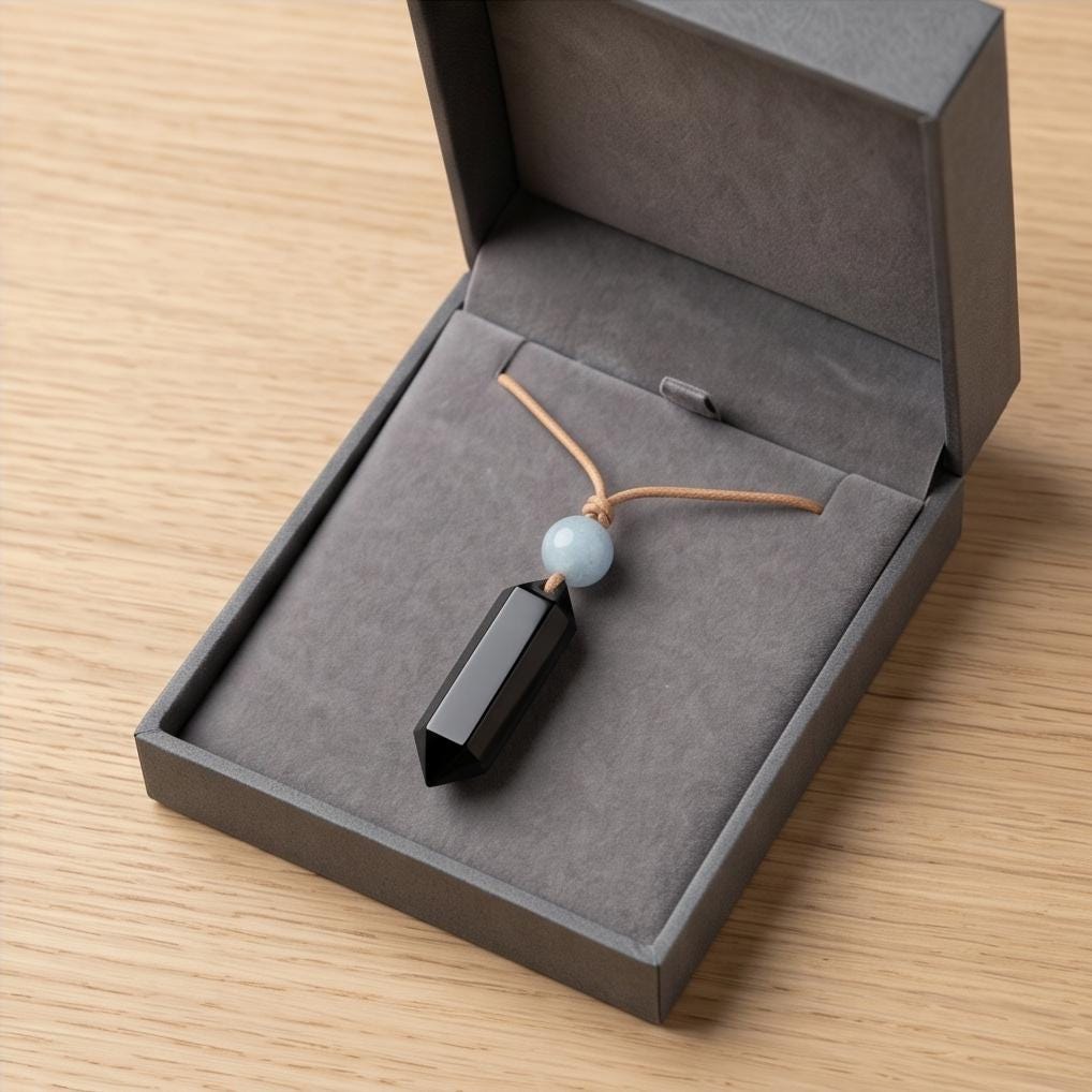 Black Obsidian Point Necklace, Aquamarine Bead Pendant, Adjustable Leather Cord, Crystal Healing Jewelry, Natural Chunky Stone Boho Choker