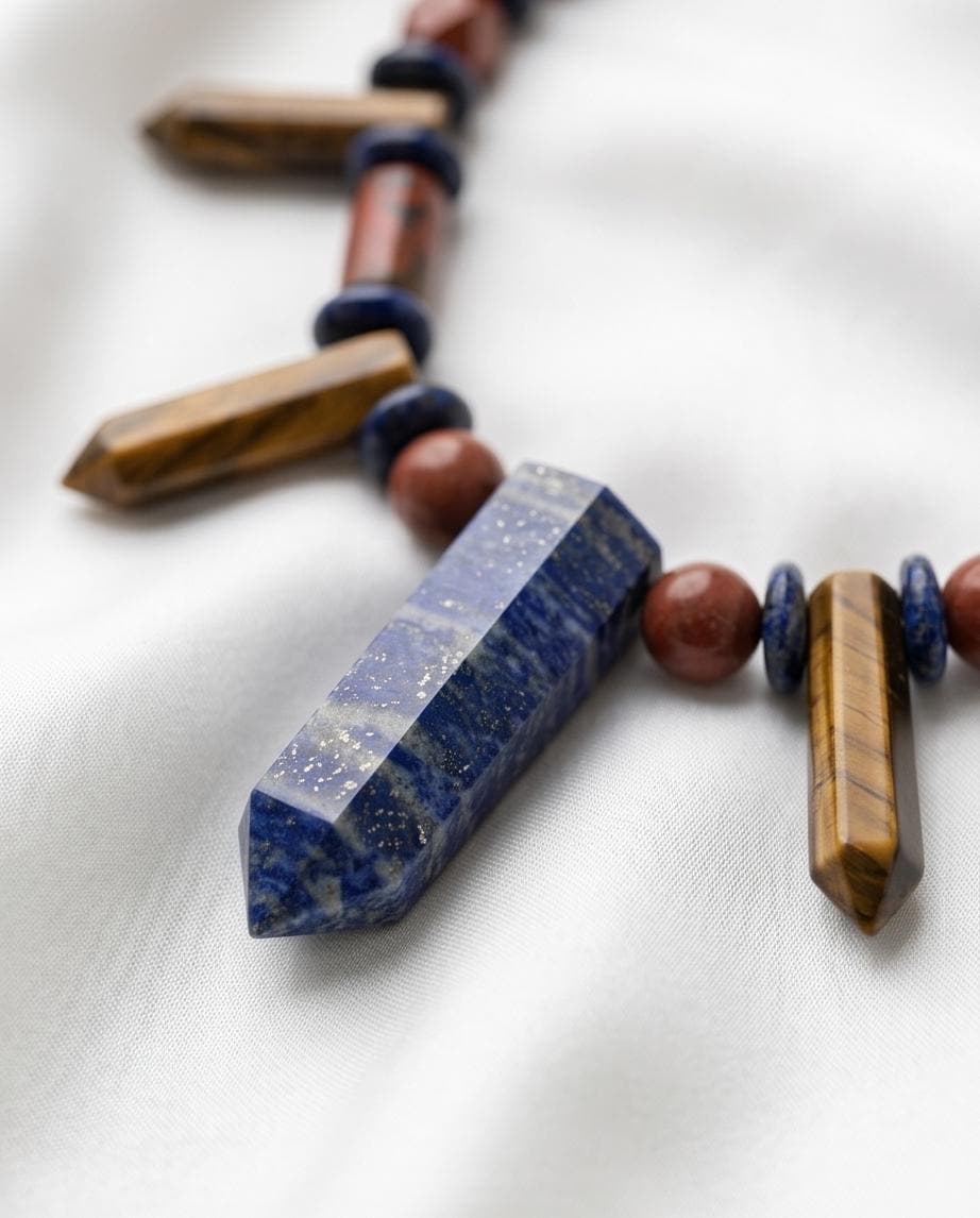 Lapis Lazuli Necklace, Tiger Eye Red Jasper Obsidian Statement Jewelry, Multi Gemstone Crystal Pendant, Bohemian Healing Stone Choker Gift