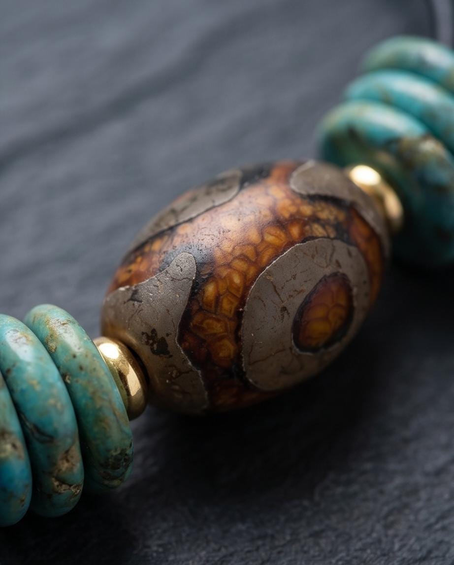 Dzi Bead Necklace, Turquoise Stone Pendant, Mens Jewelry Leather Cord Choker, Spiritual Tribal Jewelry, Unisex Bohemian Chunky Gift for Him