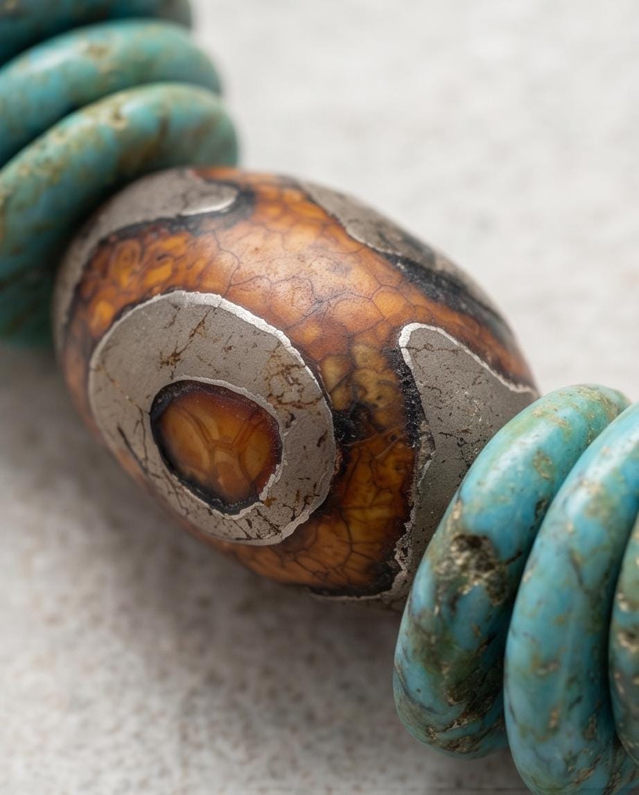 Dzi Bead Necklace, Turquoise Stone Pendant, Mens Jewelry Leather Cord Choker, Spiritual Tribal Jewelry, Unisex Bohemian Chunky Gift for Him