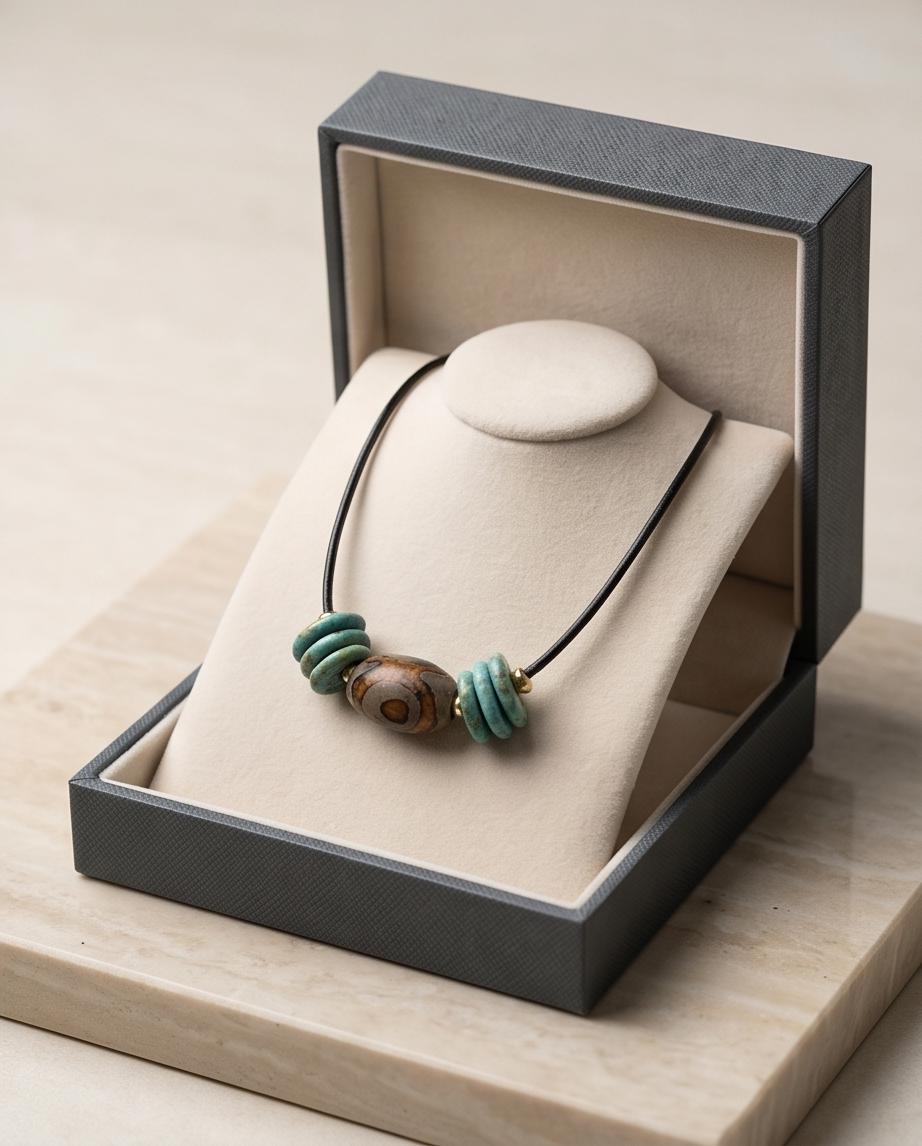 Dzi Bead Necklace, Turquoise Stone Pendant, Mens Jewelry Leather Cord Choker, Spiritual Tribal Jewelry, Unisex Bohemian Chunky Gift for Him