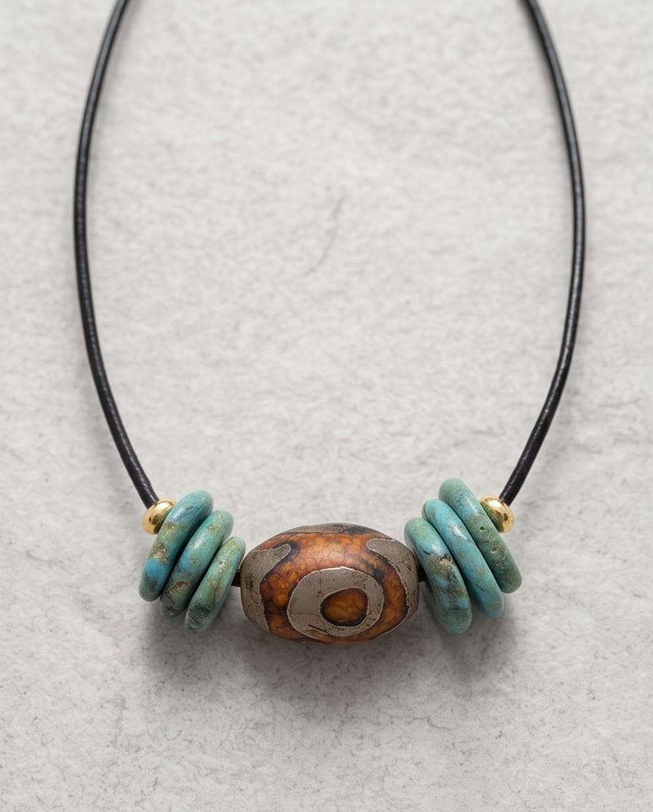 Dzi Bead Necklace, Turquoise Stone Pendant, Mens Jewelry Leather Cord Choker, Spiritual Tribal Jewelry, Unisex Bohemian Chunky Gift for Him