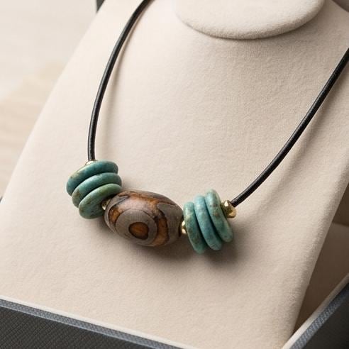 Dzi Bead Necklace, Turquoise Stone Pendant, Mens Jewelry Leather Cord Choker, Spiritual Tribal Jewelry, Unisex Bohemian Chunky Gift for Him