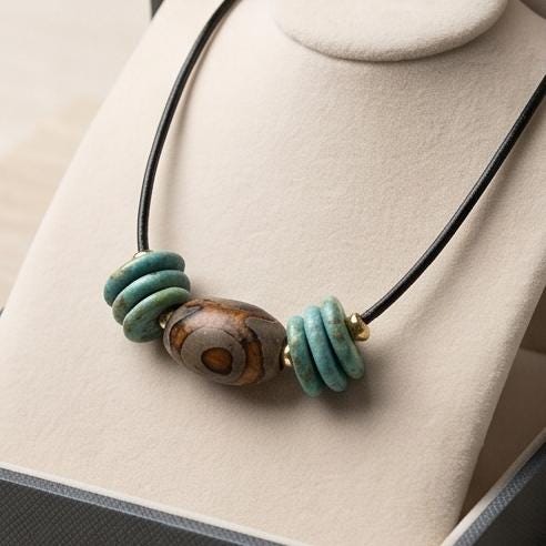 Dzi Bead Necklace, Turquoise Stone Pendant, Mens Jewelry Leather Cord Choker, Spiritual Tribal Jewelry, Unisex Bohemian Gift for Him and Her