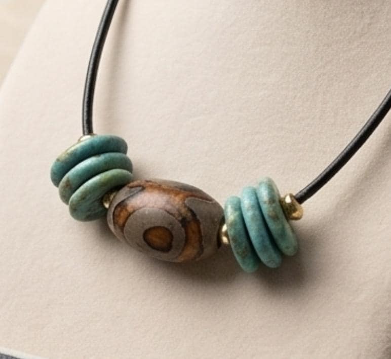 Dzi Bead Necklace, Turquoise Stone Pendant, Mens Jewelry Leather Cord Choker, Spiritual Tribal Jewelry, Unisex Bohemian Chunky Gift for Him