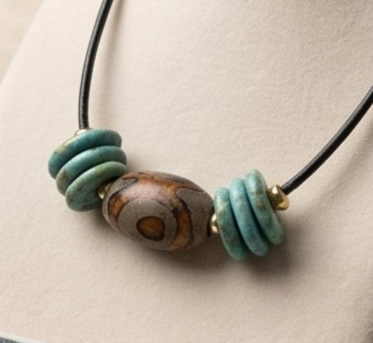Dzi Bead Necklace, Turquoise Stone Pendant, Mens Jewelry Leather Cord Choker, Spiritual Tribal Jewelry, Unisex Bohemian Gift for Him and Her