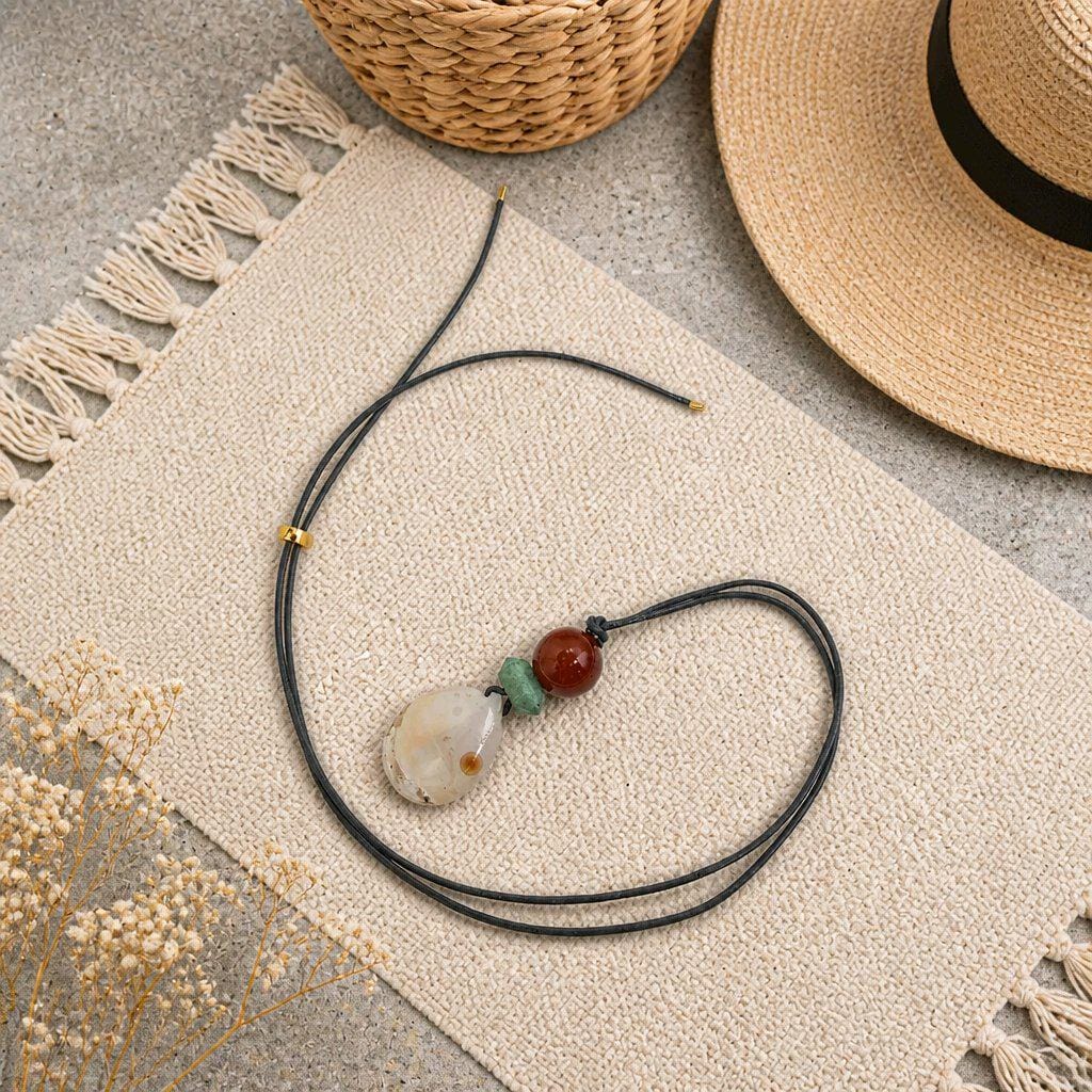 Sunrise Agate Necklace, Carnelian and Aventurine Pendant, Leather Cord Choker, Boho Gemstone Jewelry, Spiritual Chunky Stone Gift