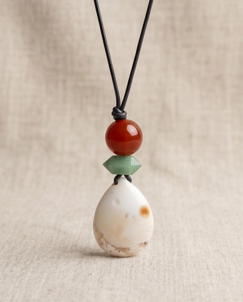 Sunrise Agate Necklace, Carnelian and Aventurine Pendant, Leather Cord Choker, Boho Gemstone Jewelry, Spiritual Chunky Stone Gift