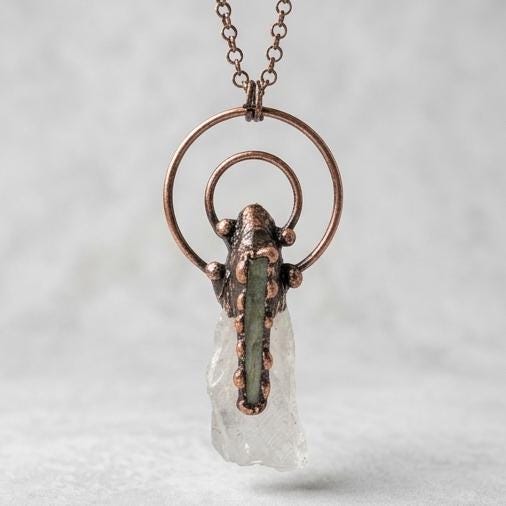 Copper Electroformed Crystal Necklace, Clear Quartz Labradorite Pendant, Raw Stone Jewelry, Boho Spiritual Talisman, Chunky Artisan Piece