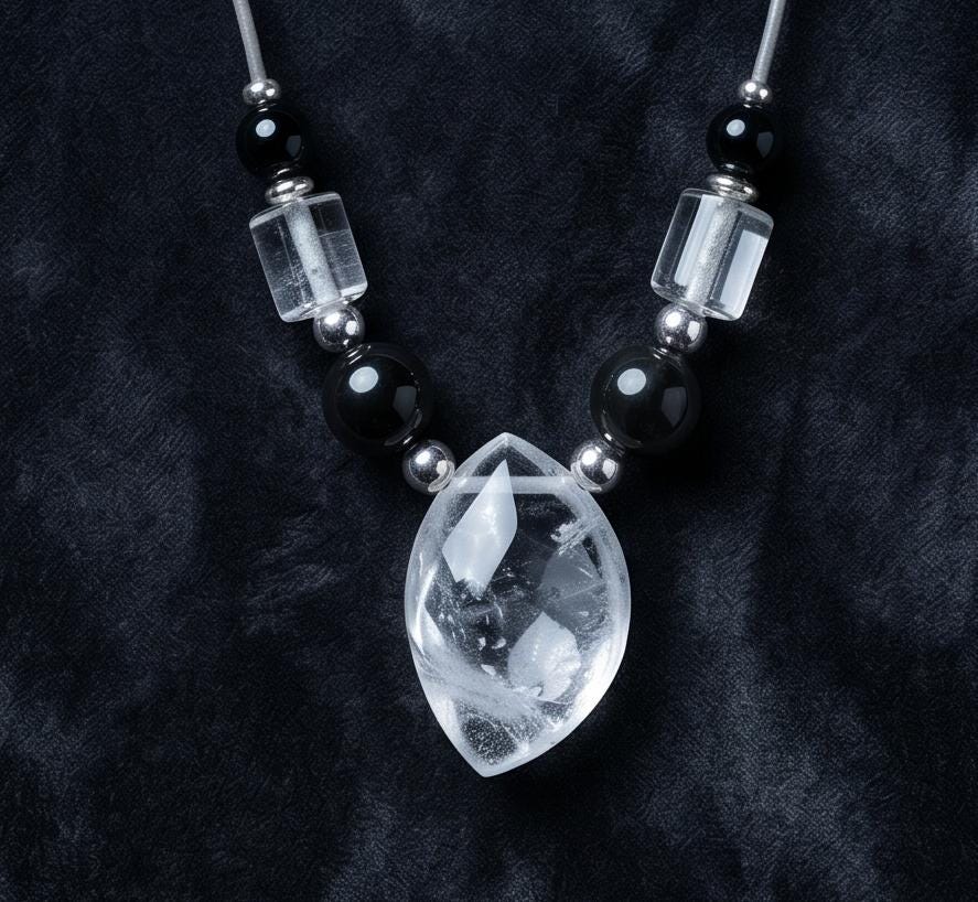 Clear Quartz and Black Agate Necklace, Natural Crystal Beaded Choker, Chunky Statement Pendant Jewelry, Boho Minimalist Accessory