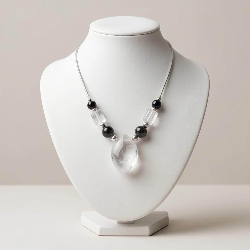 Clear Quartz and Black Agate Necklace, Natural Crystal Beaded Choker, Chunky Statement Pendant Jewelry, Boho Minimalist Accessory