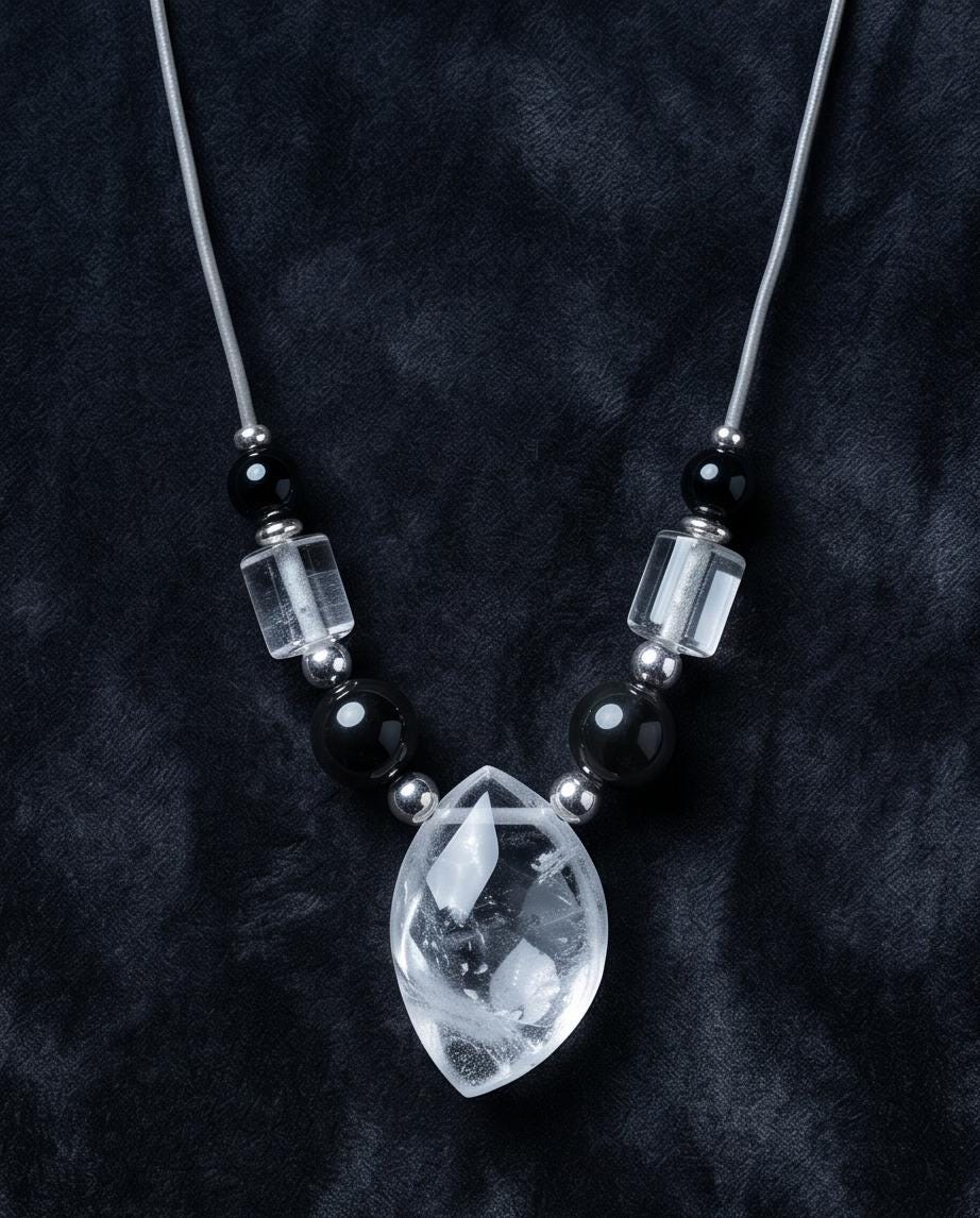 Clear Quartz and Black Agate Necklace, Natural Crystal Beaded Choker, Chunky Statement Pendant Jewelry, Boho Minimalist Accessory