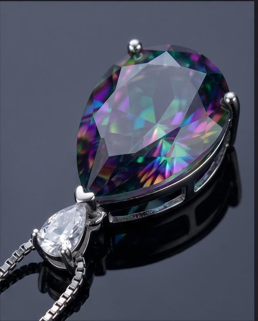 Large Teardrop Mystic Topaz Necklace - White Gold Plated Sterling Silver - Pear 6 CT Rainbow Topaz Pendant #565