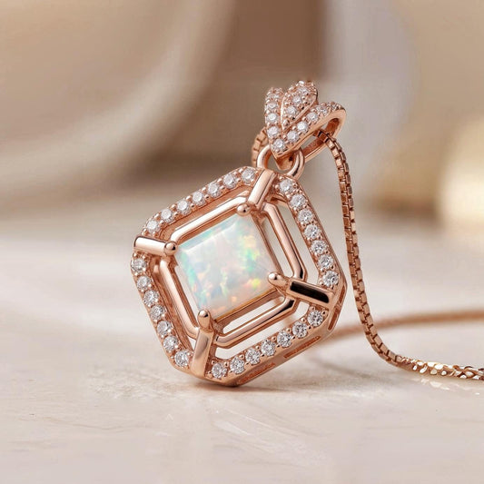 Dainy Square Opal Necklace Diamond Royal Flower Rose Gold Sterling Silver Tiny Fire White Opal Pendant 1022