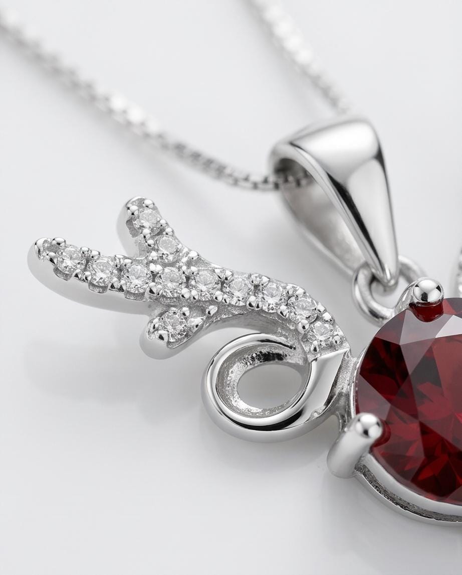 Deer Antler Garnet Necklace - Sterling Silver 8mm Round Cut 2 Ct Garnet Pendant - January Birthstone #341
