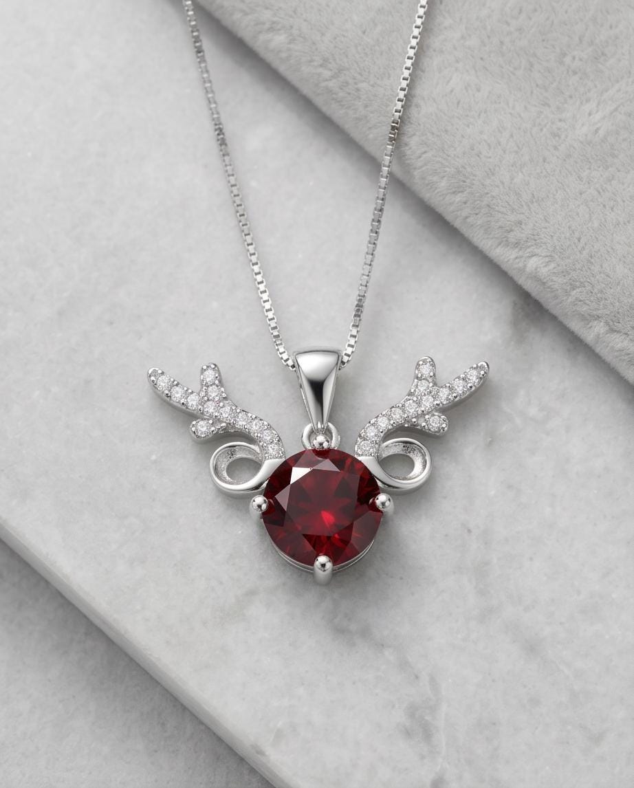 Deer Antler Garnet Necklace - Sterling Silver 8mm Round Cut 2 Ct Garnet Pendant - January Birthstone #341