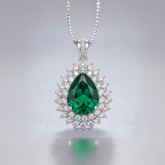 Double Halo Teardrop Emerald Necklace - 18KGP Sterling Silver - 3 CT Large Nano Green Emerald Pendant - Gemstone Pear Jewelry 1120