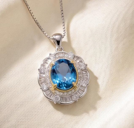 Blue Sapphire Lotus Flower Necklace Gemstone Gold Halo 3 ct Oval Blue Gemstone Pendant Sterling Silver White Gold plated Jewelry #720