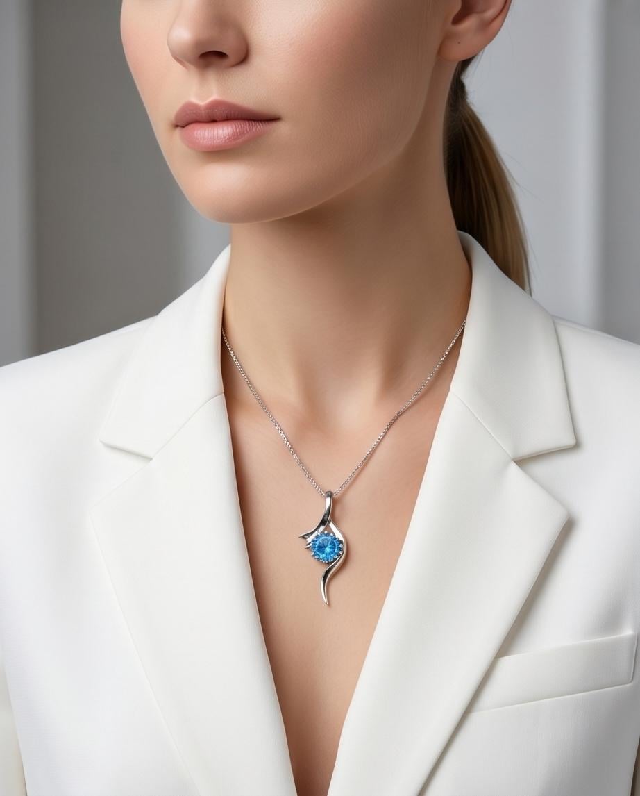 Round Blue Topaz Necklace - Sterling Silver Swirl Bow Infinity 2 CT Blue Topaz Pendant - White Gold coated November Birthstone #470
