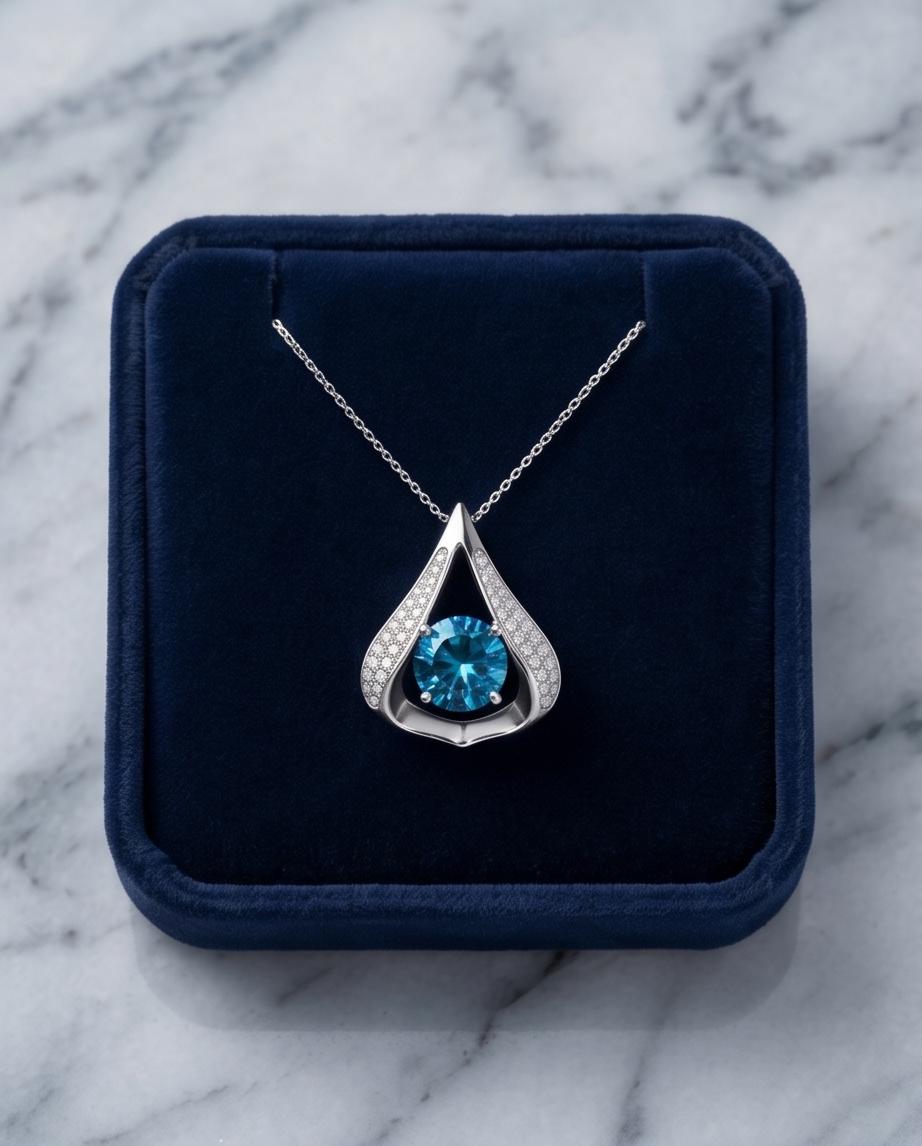 Heart Blue Topaz Necklace - Gemstone Fat Triangle Blue Topaz Pendant - 18KGP & Sterling Silver - 2 Ct Round Cut Blue Topaz Jewelry #583