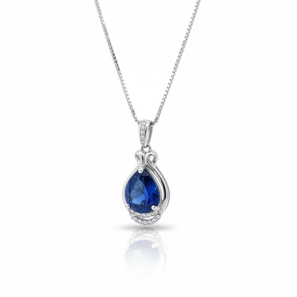Teardrop Tanzanite Necklace - White gold coated Sterling Silver 2 CT Blue Tanzanite Jewelry #480