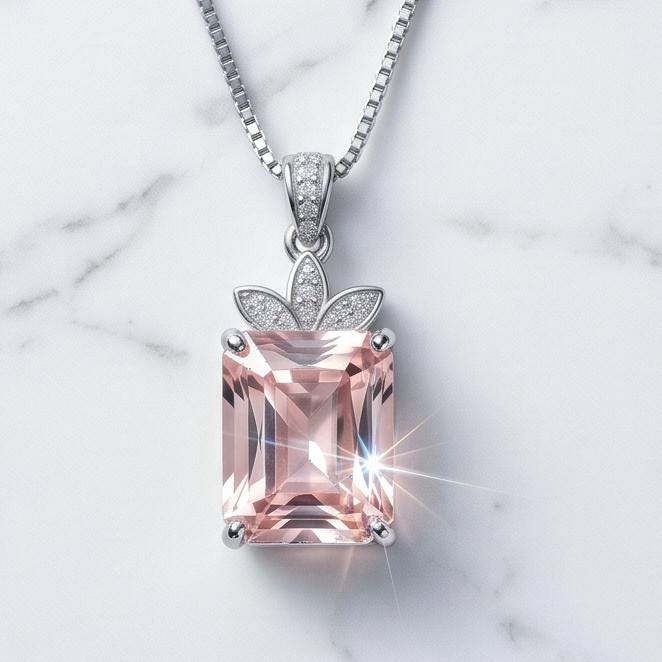 Morganite Necklace - Large Rectangular Pink Morganite Pendant - Royal Flower - Sterling Silver - 5 Ct Rose Color Lab Morganite Jewelry #665