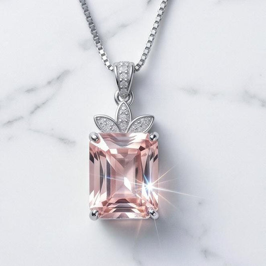 Morganite Necklace - Large Rectangular Pink Morganite Pendant - Royal Flower - Sterling Silver - 5 Ct Rose Color Lab Morganite Jewelry #665