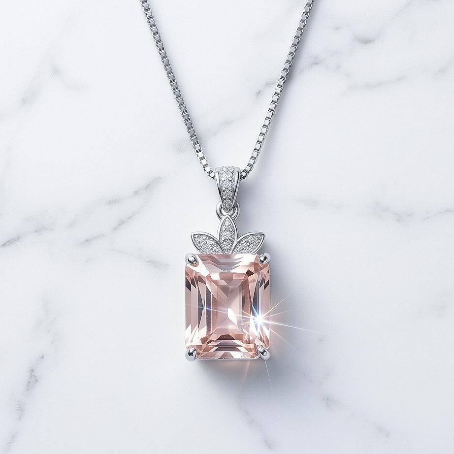 Morganite Necklace - Large Rectangular Pink Morganite Pendant - Royal Flower - Sterling Silver - 5 Ct Rose Color Lab Morganite Jewelry #665