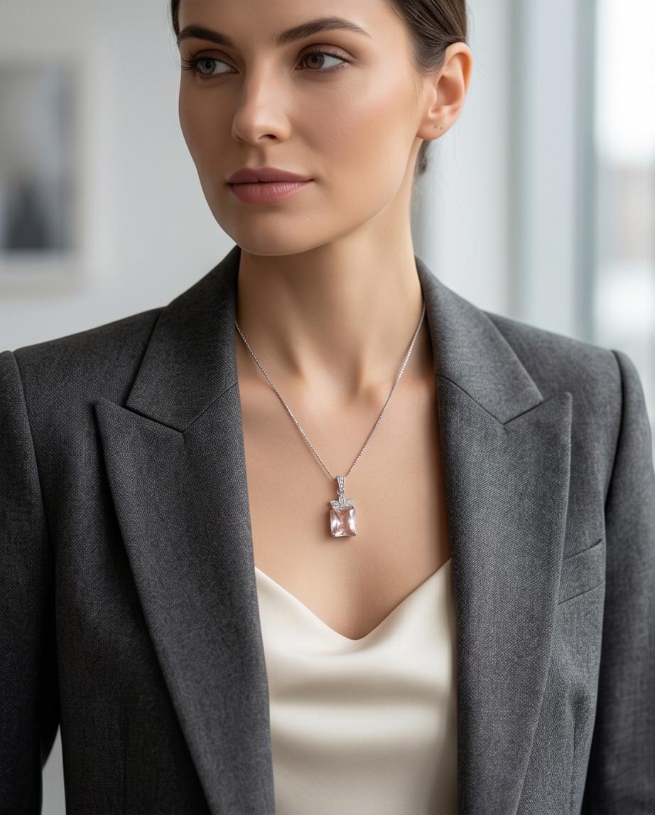 Morganite Necklace - Large Rectangular Pink Morganite Pendant - Royal Flower - Sterling Silver - 5 Ct Rose Color Lab Morganite Jewelry #665