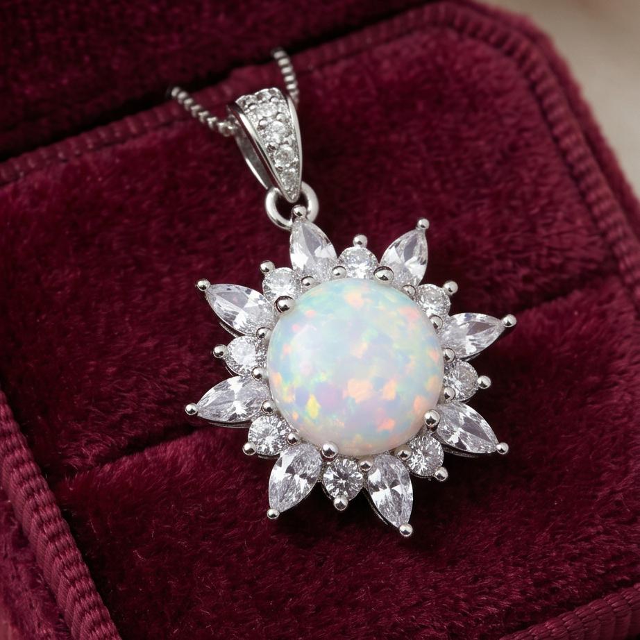 Opal Sunburst Pendant, Sterling Silver Flower Necklace, White Opal Halo Necklace, Celestial Jewelry, Dainty Adjustable Chain, Gift for Her