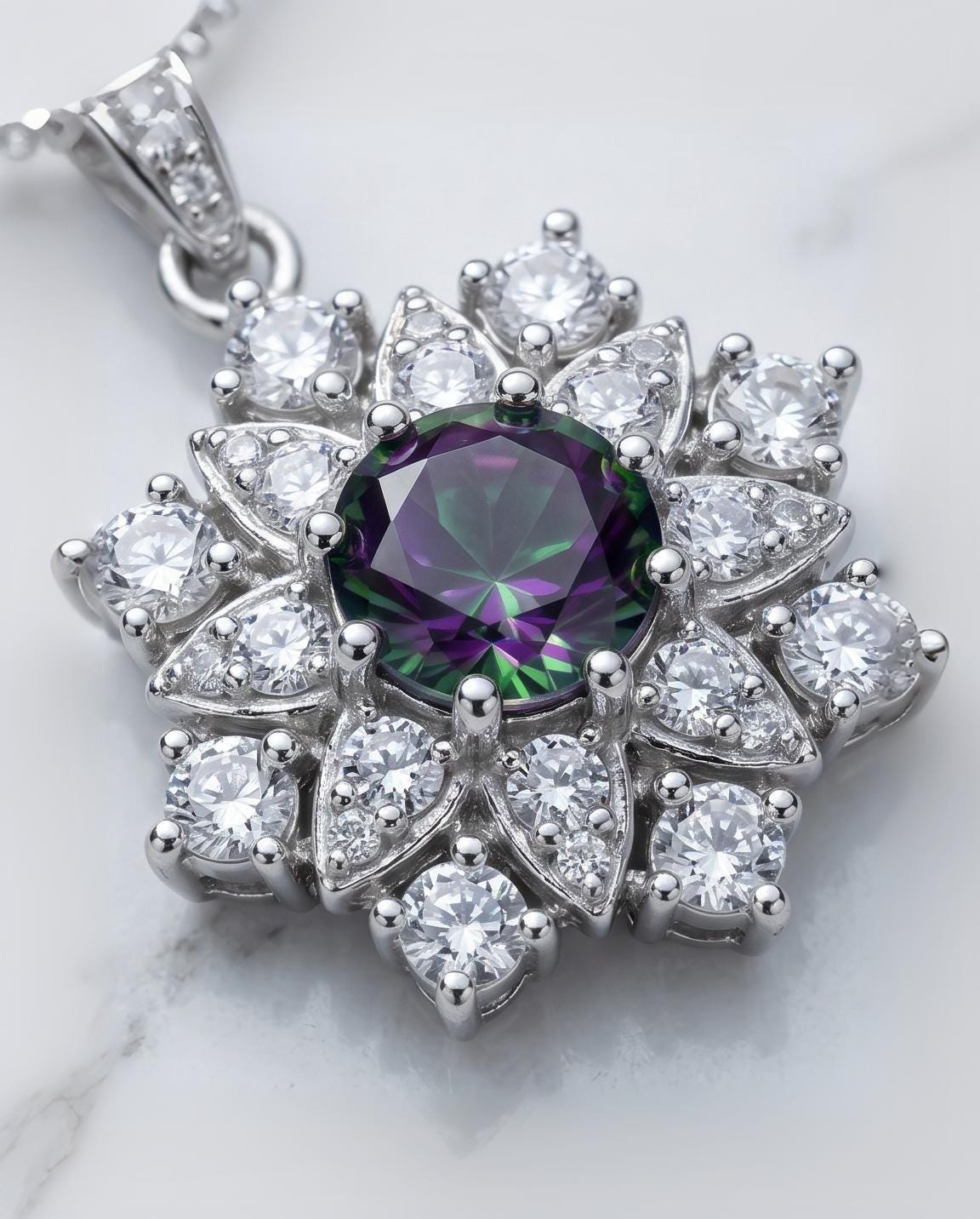Mystic Topaz Necklace - Gemstone Snow Flower Pendant - Sterling Silver Round 6mm Mystic Topaz Pendant - 18KGP Double halo style #497