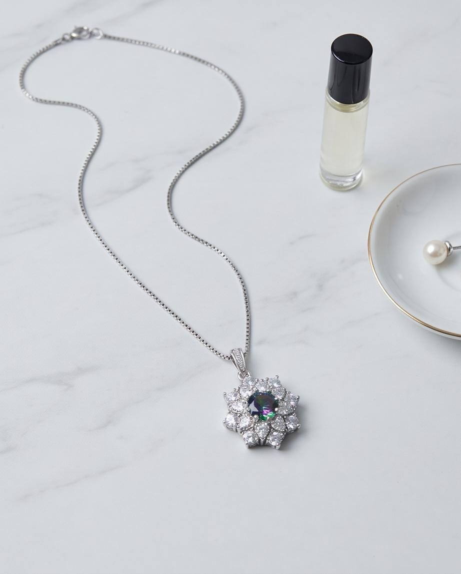 Mystic Topaz Necklace - Gemstone Snow Flower Pendant - Sterling Silver Round 6mm Mystic Topaz Pendant - 18KGP Double halo style #497