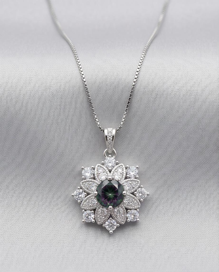 Mystic Topaz Necklace - Gemstone Snow Flower Pendant - Sterling Silver Round 6mm Mystic Topaz Pendant - 18KGP Double halo style #497