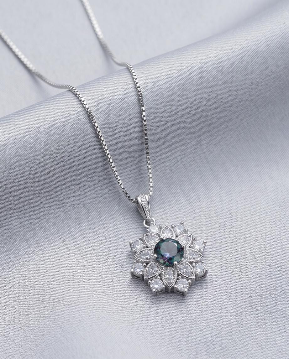 Mystic Topaz Necklace - Gemstone Snow Flower Pendant - Sterling Silver Round 6mm Mystic Topaz Pendant - 18KGP Double halo style #497