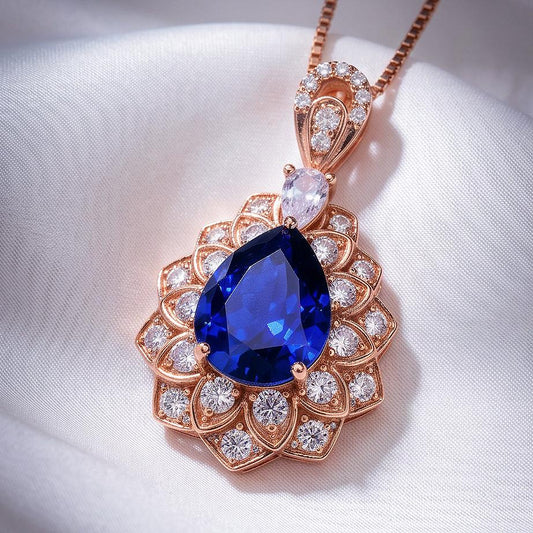 Teardrop Tanzanite Necklace Rose Gold Sterling Silver 3CT Blue Tanzanite Pendant December Birthstone - Layered Lily Flower #751