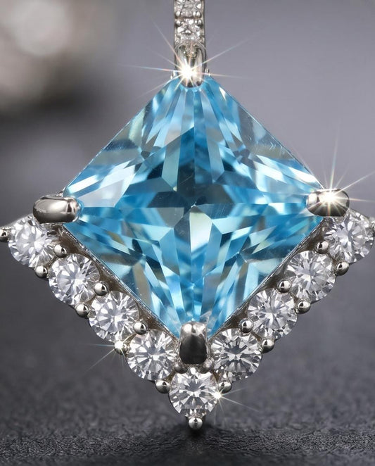 Gemstone Style Blue Aquamarine Necklace - 6.5 CT Square Princess Cut Aquamarine Pendant - 18KGP @ Sterling Silver - March Birthstone #588