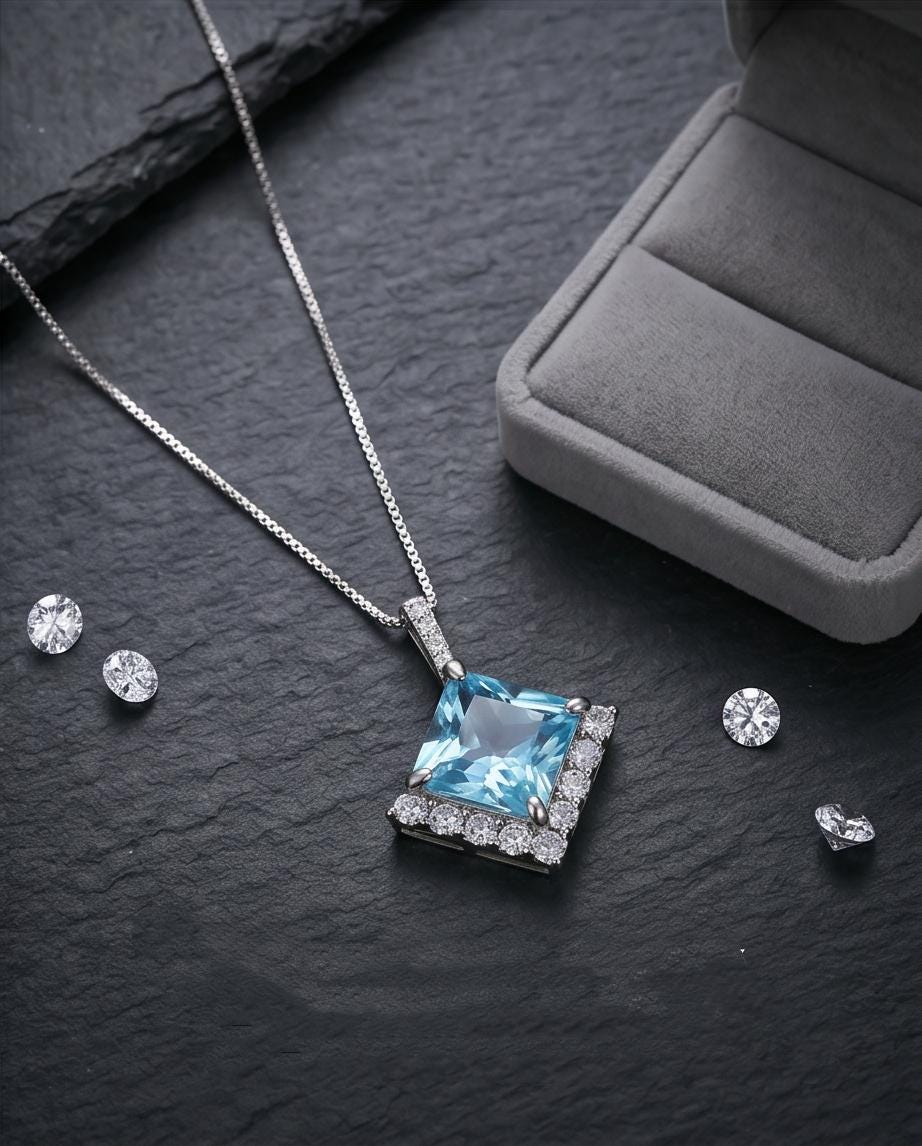 Gemstone Style Blue Aquamarine Necklace - 6.5 CT Square Princess Cut Aquamarine Pendant - 18KGP @ Sterling Silver - March Birthstone #588