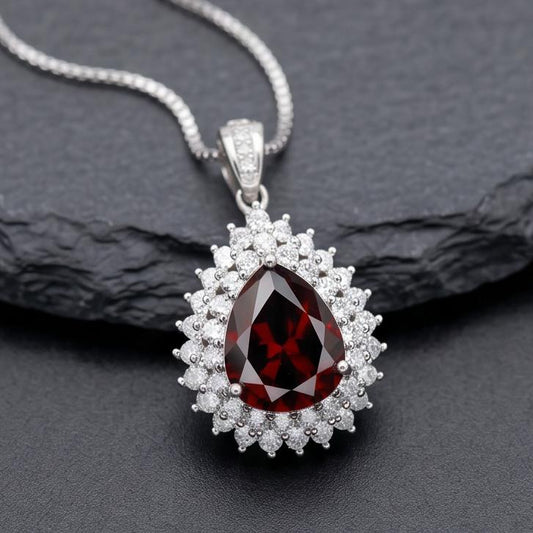 Double Halo Teardrop Garnet Necklace - 18KGP Sterling Silver - 2.75 CT Large Deep Red Garnet Pendant - Gemstone Pear Jewelry #684