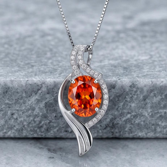 Large Sunstone Necklace , Gemstone Sterling Silver Wave Sun Stone Orange Gemstone Pendant White Gold coated - Orange Sapphire Necklace #567