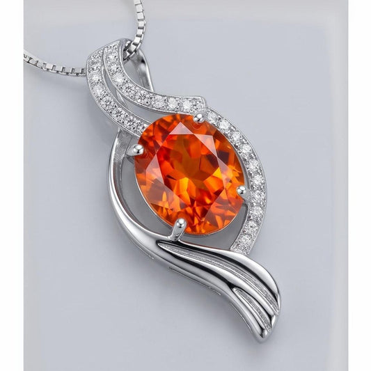 Large Sunstone Necklace , Gemstone Sterling Silver Wave Sun Stone Orange Gemstone Pendant White Gold coated - Orange Sapphire Necklace #567