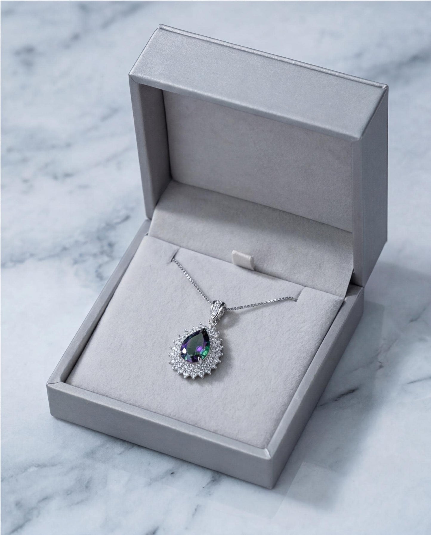 Double Halo Mystic Topaz Necklace - 18KGP Sterling Silver - 3 CT eardrop Rainbow Mystic Topaz Pendant - Gemstone Pear Layered #490