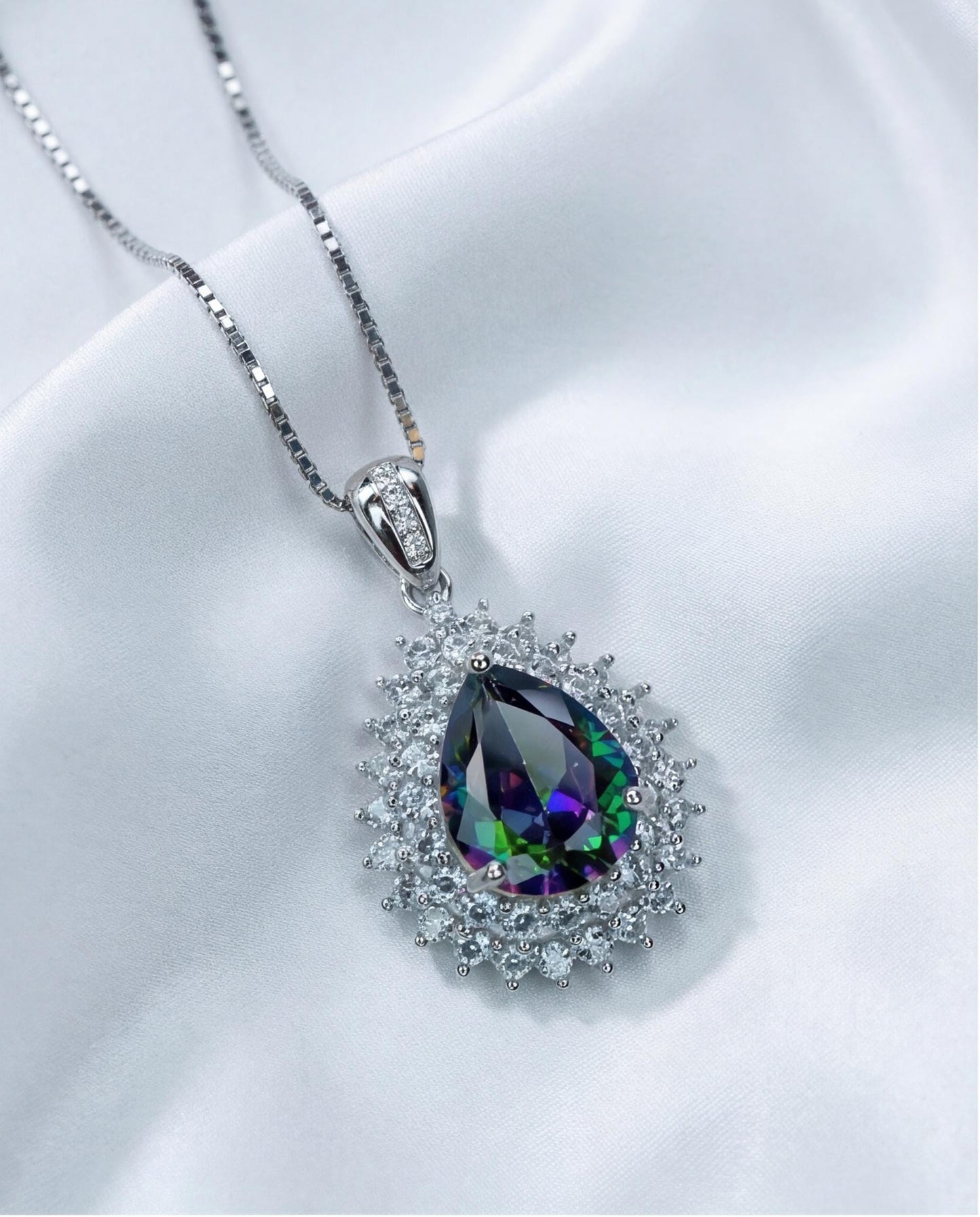Double Halo Mystic Topaz Necklace - 18KGP Sterling Silver - 3 CT eardrop Rainbow Mystic Topaz Pendant - Gemstone Pear Layered #490