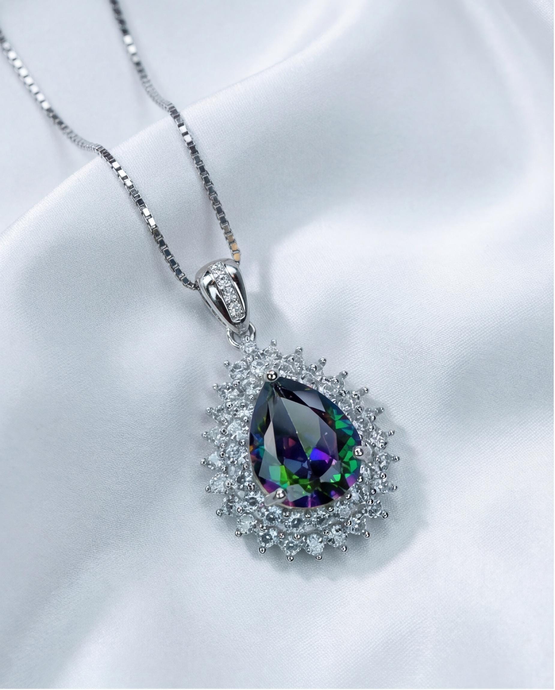Double Halo Mystic Topaz Necklace - 18KGP Sterling Silver - 3 CT eardrop Rainbow Mystic Topaz Pendant - Gemstone Pear Layered #490