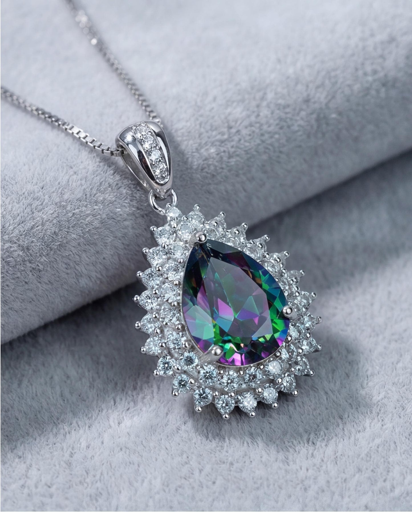 Double Halo Mystic Topaz Necklace - 18KGP Sterling Silver - 3 CT eardrop Rainbow Mystic Topaz Pendant - Gemstone Pear Layered #490