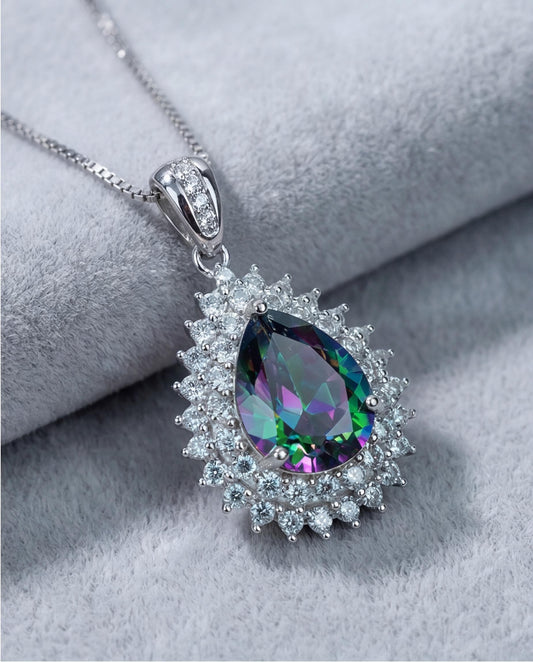 Double Halo Mystic Topaz Necklace - 18KGP Sterling Silver - 3 CT eardrop Rainbow Mystic Topaz Pendant - Gemstone Pear Layered #490