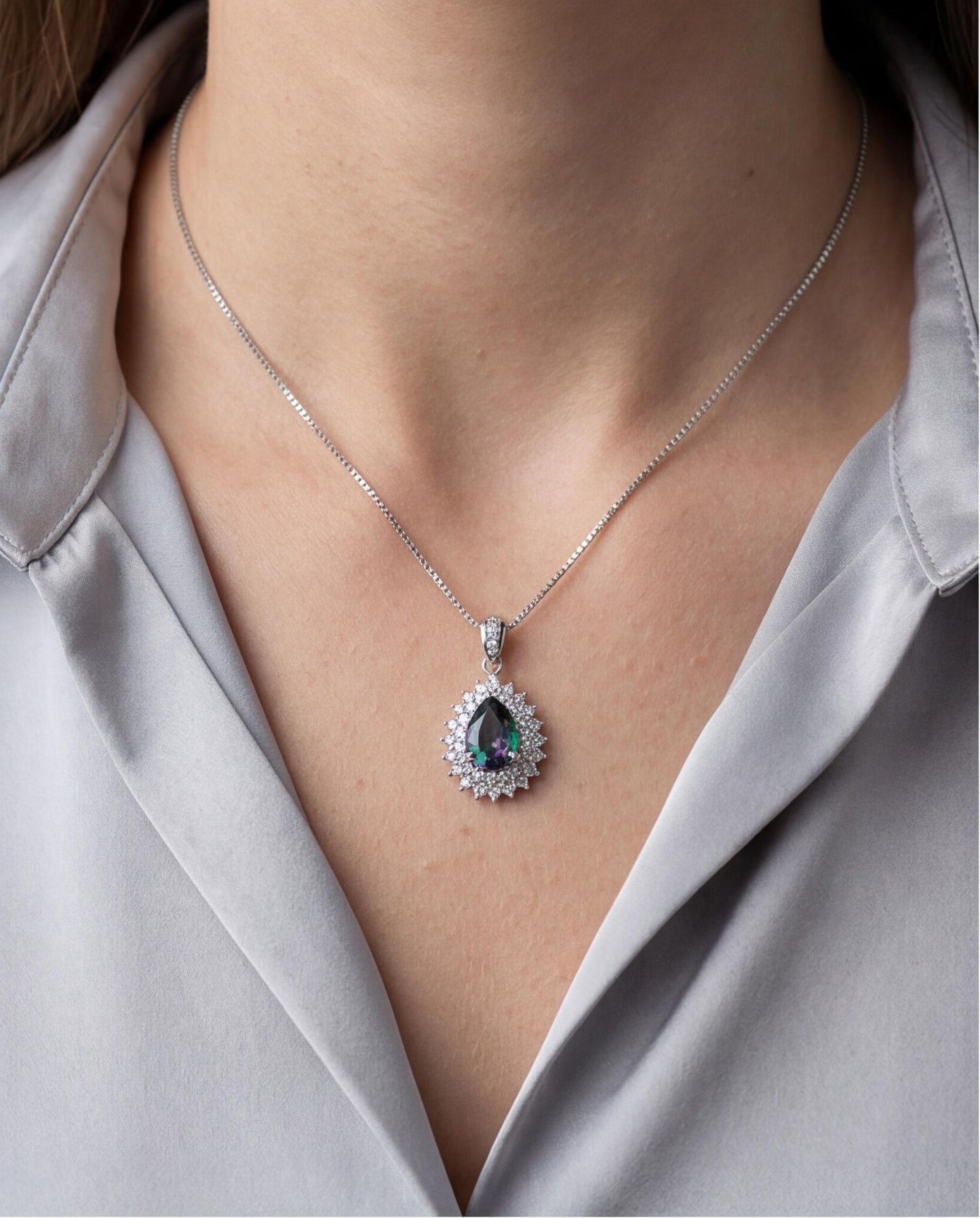 Double Halo Mystic Topaz Necklace - 18KGP Sterling Silver - 3 CT eardrop Rainbow Mystic Topaz Pendant - Gemstone Pear Layered #490