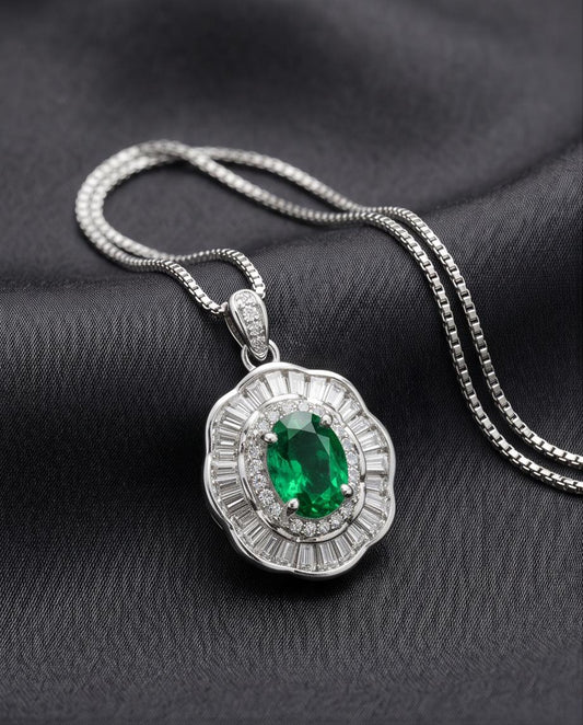 Tiny Emerald Necklace Gemstone Lotus Sterling Silver Flower Green Gemstone Pendant White Gold plated May Birthstone #328