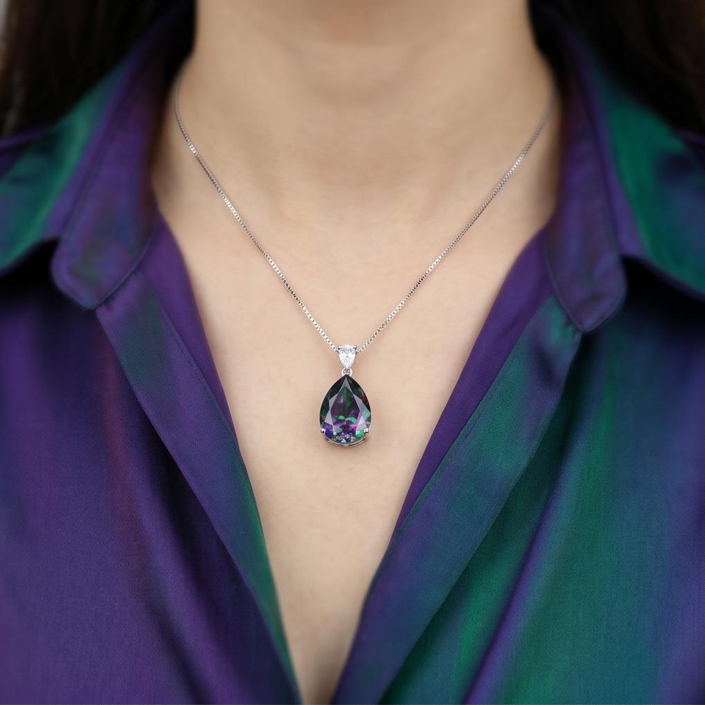 Large Teardrop Mystic Topaz Necklace - White Gold Plated Sterling Silver - Pear 6 CT Rainbow Topaz Pendant #565